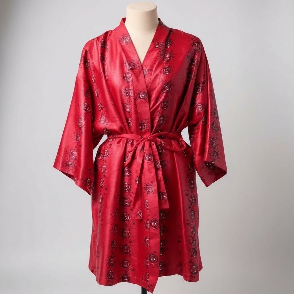 Private Luxuries Robe Red Satin Floral Kimono Style Belted Women L